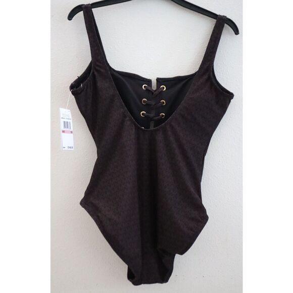 Michael Kors MM2L959-212 Women's Sz 10 Brown Monogram Lace-Up 1-pc Swimsuit - Picture 2 of 6